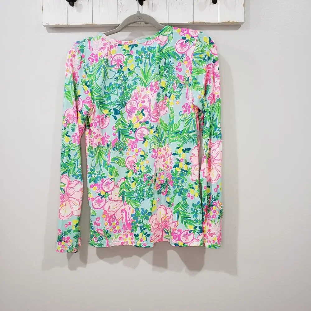 Lilly Pulitzer Lucretia Pajama Top Small Seasalt Blue Fruity Flamingo Floral